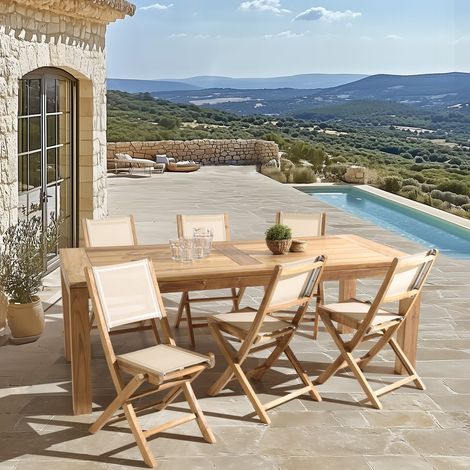 FUN - Ensemble de jardin en bois teck et 6 chaises en textilène (1/5)