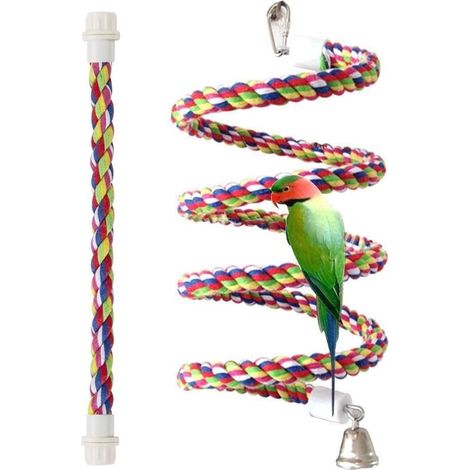 Ensemble de 1 perchoir en corde double taille et jouet en spirale – Perchoirs élastiques de 43" et 13,7" pour perruches, calopsittes et cages à oiseaux