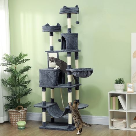 Albero per gatti 206 cm con cuccia, 2 palline, sisal, piattaforma, grigio scuro DESVIAE (1/5)