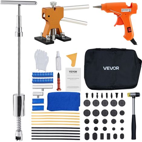VEVOR Kit de Debosselage de Carrosserie sans Peinture 61PCs, avec Debosseleur Dore, Marteau a Inertie, Barre en T, Pistolet a Coll, Outil de Reparation de Bosses de Portieres pour Garage Atelier