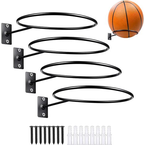 Support Ballon - Lot de 4 - Métal Noir - Rangement Mural - Pour Football Basket Rugby Volley - Diamètre 13,5 cm (1/5)