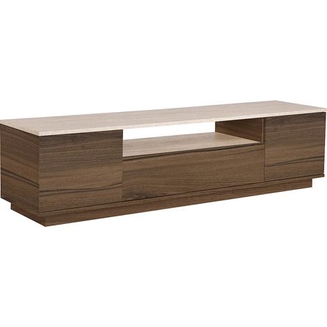 Vente-Unique – Meuble TV 180 cm avec 3 portes – Panneau de particule mélaminé effet travertin beige – À poser au sol – Charge max 20 kg (1/4)