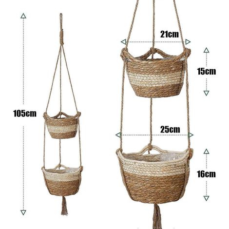 Panier suspendu en jonc de mer, 2 tailles, pot de fleurs tressé pour intérieur et extérieur - Cache-pot, panier de rangement, contenant pour plantes (beige) (1/5)