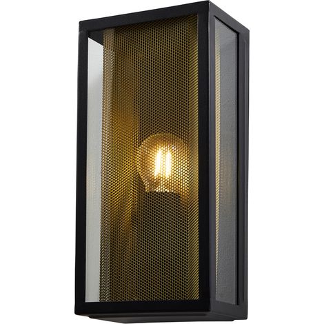 Litecraft Merlin Wall Light Outdoor Box Lantern With Brass Mesh Insert - Black (1/5)