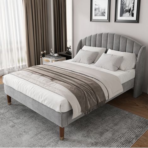 Bett modern 160x200 cm, Polsterbett aus Samt in Grau mit hohem Kopfteil und Holzlattenrost (1/5)