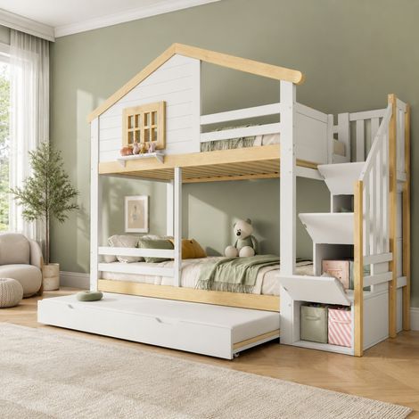 Litera con cama extraíble (254x105x200 cm), forma de casita, escalera con almacenaje, pino, blanco y natural (1/5)