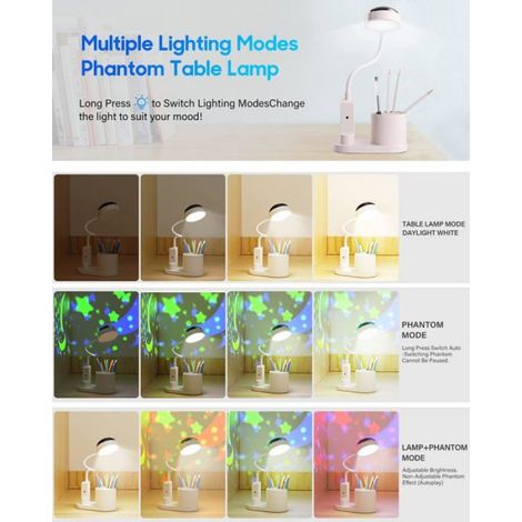 Lampe de Bureau pour Enfants avec Projecteur,Flexible Lampe de Table Sans Fil Dimmable Lampe de Lecture Rechargeable, Blanc (1/4)