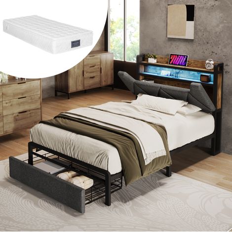 FLORAGRACE Lit coffre 90x200 cm en métal gris avec tête de lit rangement, LED, ports USB et USB-C, deux tiroirs (1/5)