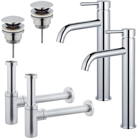 FugaFlow Eccelente Sobrado Kit robinet lavabo - pour double vasque - robinet rehaussé - bonde clic clac - siphon design - Chrome brillant (1/4)