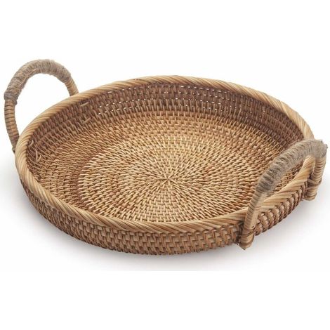 Rattan Round Fruit Baskets for Table Wicker Bread Tray with Handle for Serving Food, Crackers, Snacks (11inch D x 1.8inch H) (1/5)