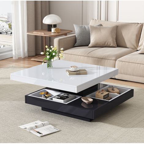 Tavolino da caffè 70x70x36 cm bianco e nero in pannelli di particelle con piano girevole a 360° e vano contenitore (1/5)