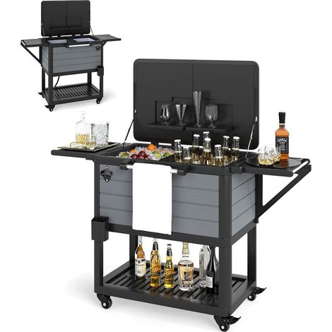 Cool Box with Wheels 91 L, Mobile Outdoor Bar 32.7 x 19.7 x 85 cm Removable Divider, 2 Folding Side Shelves, 4 Universal Wheels, for Garden, Patio, Swimming Pool (1/5)