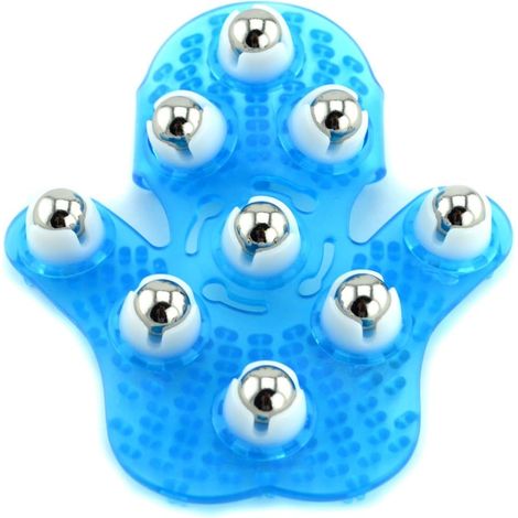Gant de massage en forme de main, masseur corporel avec 9 billes métalliques rotatives à 360 degrés, pour les soins du corps (bleu) (1/5)