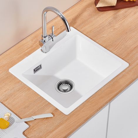 CECIPA MAX Fregadero de cocina de granito, 50 x 45 cm, un seno con sifón y rebosadero, encastrable de 50 cm, blanco
