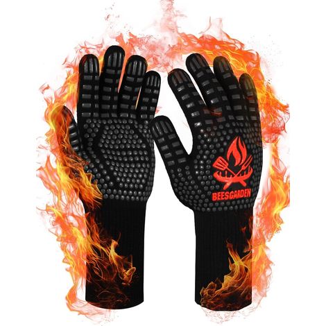 Gants de Barbecue, Gants Anti Chaleur Jusqu'à 800°C, Antidérapants Silicone Ignifuge Gant Cuisine avec Protection de l'avant-Bras, pour BBQ, Gril, Cuisson au Four, Cheminée (L/XL/XXL, Noir) (1/5)