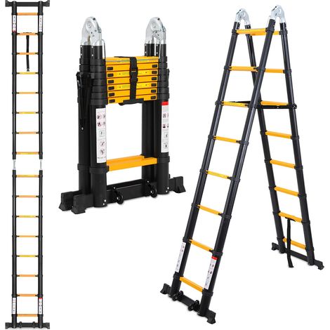 Randaco Scala telescopica multifunzione in alluminio Scala pieghevole portatile da 3,8 m (1,9 M + 1,9 M), giallo + nero
