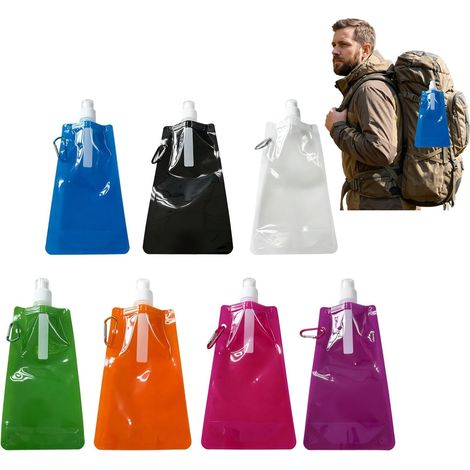 Juego de 7 botellas de agua plegables de 500 ml, bolsas de agua reutilizables con tapa de rosca y clip metálico, libres de BPA, para festivales, senderismo, acampada, viajes y actividades al aire libr (1/5)