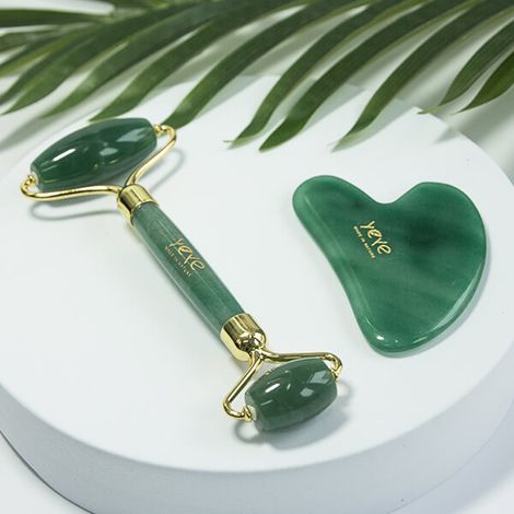 Set composto da rullo e pietra Gua Sha per massaggio e relax - Giada Yeye verde (1/5)