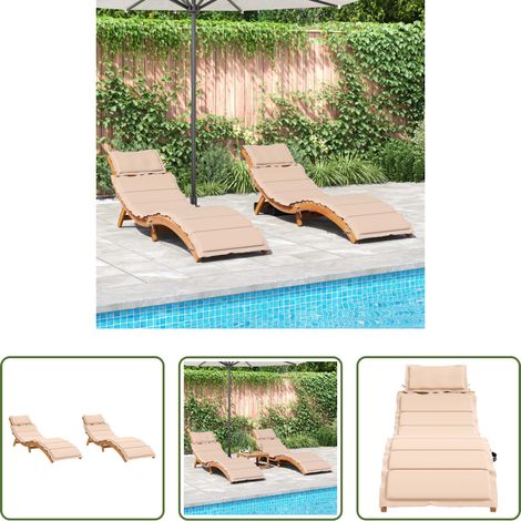 Chaise longue bois acacia - Chaises longues avec coussins lot de 2 beige bois massif acacia (1/5)