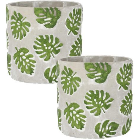 Lot de 2 pots de fleurs en béton décoratif Motif feuille de fenêtre Monstera 20 cm-NANOTEH (1/5)