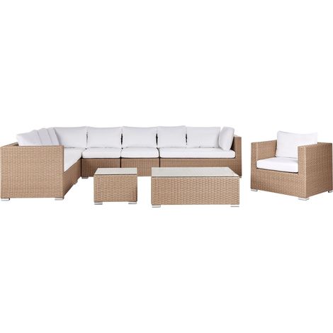 Salon de Jardin 8 Places en Polyrotin Beige Sable UV Résistant avec Coussins Blanc Cassé XXL (1/5)