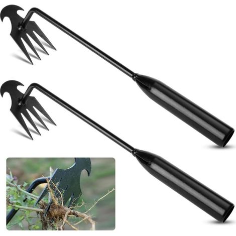 Lot de 2 désherbeurs manuels à quatre dents, désherbeur de jardin, outil de désherbage en acier inoxydable pour enlever les racines des mauvaises herbes, 30 cm x 4 cm (noir) (1/4)