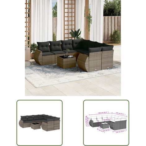 The Living Store 9-tlg. Garten-Sofagarnitur mit Kissen Grau Poly Rattan - Gartenmöbel Set - PE-Rattan Möbel - Outdoor Lounge - Esstisch - Gartenstuhl (1/3)