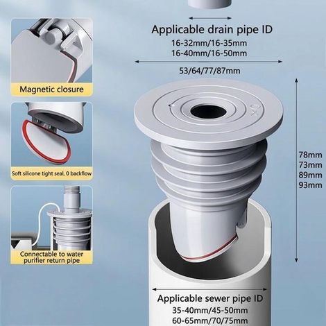 2 tappi di scarico universali in silicone con valvola antiodore, anello di tenuta flessibile per scarico in 4 misure per lavatrice, lavello e bagno (1/5)