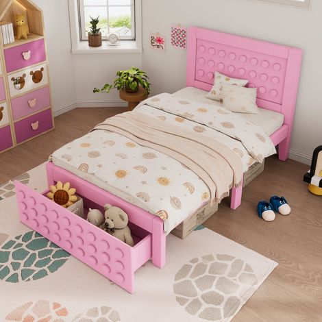 lit enfant 90x200 en Bois Massif avec Tiroirs, Lit simple , Design Blocs Créatif et Rangement, rose (sans Matelas) (1/5)