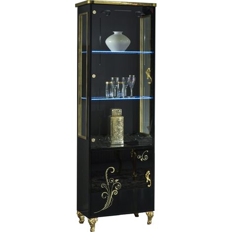 Vitrine à LED 2 portes bois vernis brillant noir et doré Jade 60cm (1/3)