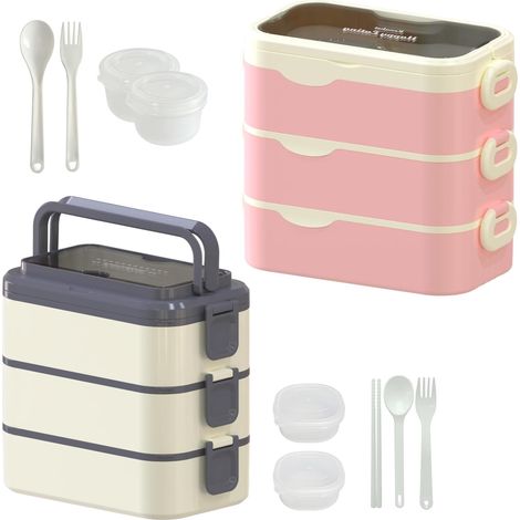 Lot de 2 boîtes à bento (blanche + rose) - Grande capacité 3 L, contenant à déjeuner empilable à 3 compartiments, compatible micro-ondes/lave-vaisselle/congélateur, avec séparateurs et ustensiles pour