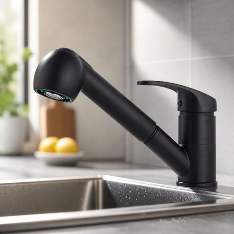 Robinet de cuisine extensible en alliage de zinc noir, mitigeur pivotant 360° avec douchette à 2 jets, kit complet avec flexible et plaque de fixation (1/5)