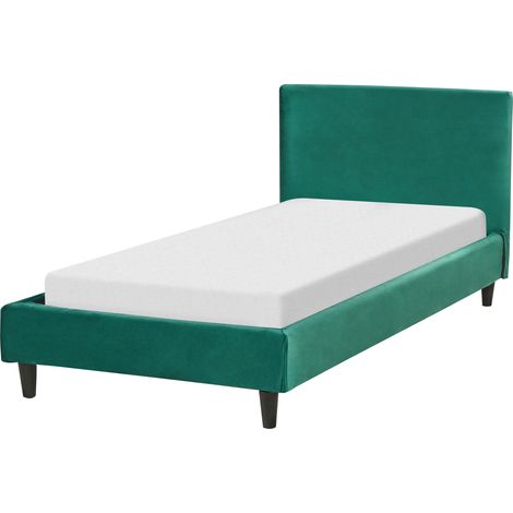 Cama tapizada en terciopelo verde oscuro 90 x 200 cm marco de listones cabecero estilo moderno Fitou