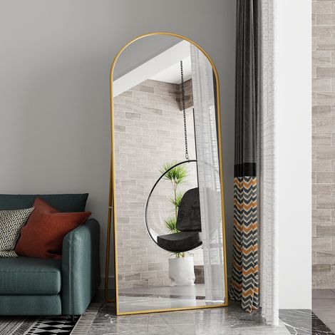 JOOKGBD- Miroir complet arqué 180x80 cm, Miroir sur pied bombé en aluminium, Miroir mural ou au sol, Grand miroir pleine longueur pour chambre salon entrée, Aluminium, Doré