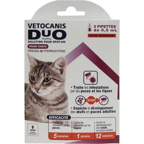 VETOCANIS Pipettes Anti-puces et anti-tiques Duo - 2 pipettes pour 5 semaines de protection - Pour chat