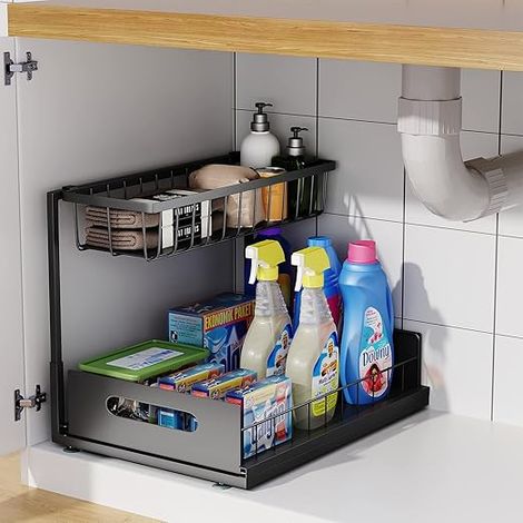 GROOFOO Rangement sous l'Évier, Organisateur d'Armoire Coulissante à 2 Niveaux, Multi-Usage pour le Rangement et l'Organisation sous l'Évier de la Cuisine et de la Salle de Bain (Noir) (1/5)