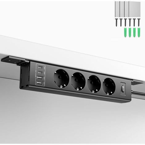 Multiprise montable pour Montage Mural et sous Plan de Travail, 4000W, 4 Prises + 4 USB (2 USB-C PD20W + 2 USB-A 18W), parafoudre, câble Invisible 2m – Bureau, Cuisine, Atelier, Maison (1/5)