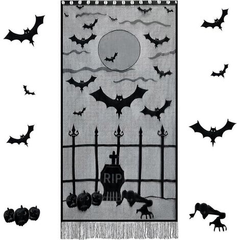Rideau en dentelle à motif de chauve-souris et toile d'araignée noire pour Halloween, décoration de porte effrayante pour une fête d'Halloween, décoration intérieure (40 x 84 pouces/101 x 213 cm) (1/5)