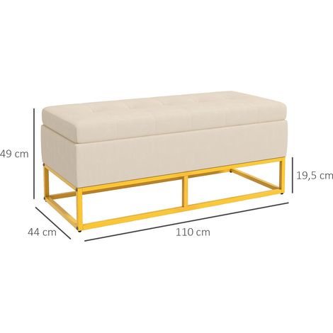 Banc de rangement, capitonnage décoratif, aspect flanelle, pieds en acier doré, 110 x 47 x 46,5 cm (1/5)