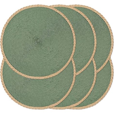 Lot de 6 sets de table ronds tressés Ø 38 cm, résistants à la chaleur, lavables et antidérapants, décoration de table style bohème et champêtre, vert (1/5)