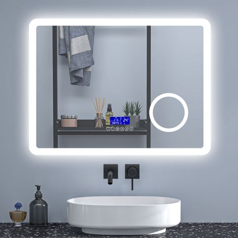SKY Smart Bathroom Mirror with electronic clock & Bluetooth Speaker,Anti-Fog,3X Magnification,3 Colour LED Lighting,Memory Function,80×60cm