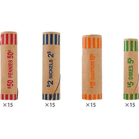 Rouleaux de papier d'emballage pour pièces de monnaie préfabriqués de 128 feuilles - une variété de rouleaux de papier d'emballage épais adaptés aux pièces de 25 cents, 1 cent, 5 cents et 10 cents. (1/5)