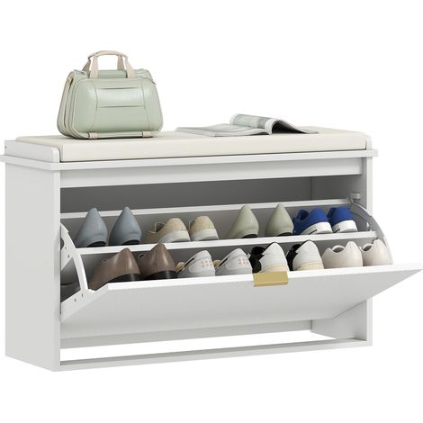 Banc porte-chaussures avec étagère intérieure, en bois et tissu effet lin, 80 x 26 x 47,5 cm, blanc et beige (1/5)