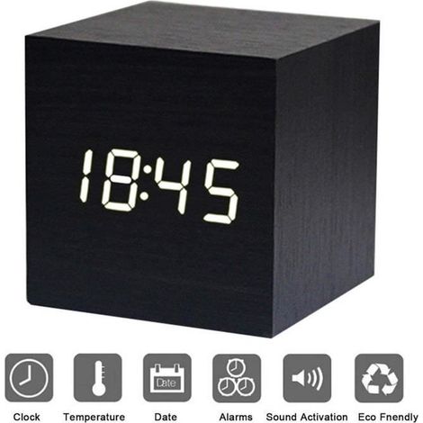 LED Réveil en Bois Réveil numérique en bois, Horloge Digital Cube avec Activation Vocale- noir (1/4)