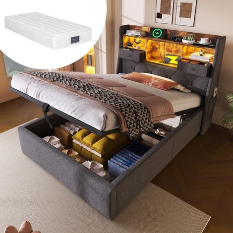 Lit rembourré 90x200cm avec rangement hydraulique et tête de lit LED, 4 stations de charge (USB/Type-C), lit simple avec sommier à lattes, tissu en lin gris (avec matelas), garantie 2 ans