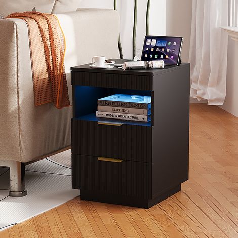 Mesita de noche - 40 x 40 x 60 cm - Mesita de noche de diseño «Onde» con LED RGB, puertos USB y cajones - Negro (1/5)