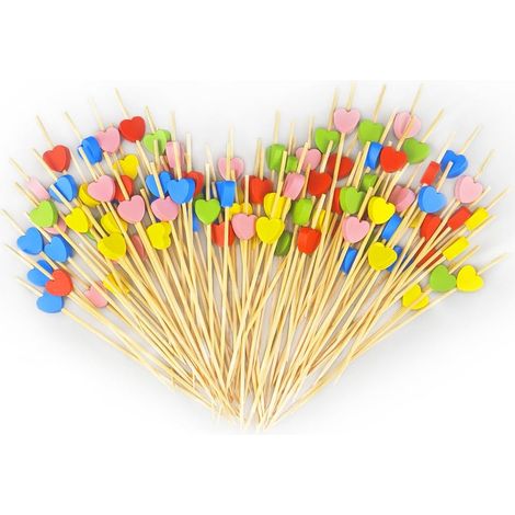 100 Coeurs Multicolores Bâtonnets à Cocktail Cure-Dents en Bois Pics à Cocktail en Bambou Brochettes de Coeur Apéritif Fruits Finger Food pour Décoration de Fête Buffets Kebab Burgers