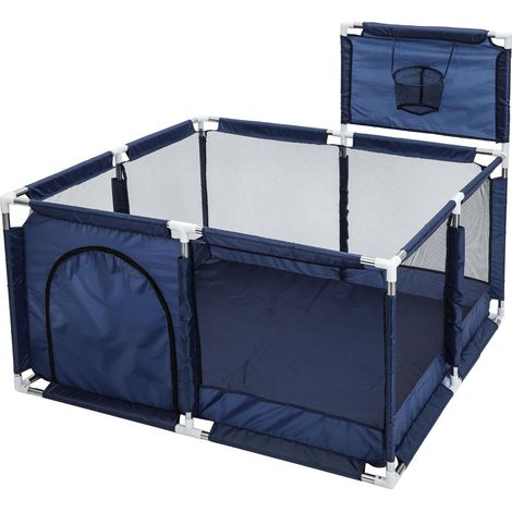 Supernic Baby Playpen Large Playpen Portable Child Safety Yard Activity Center with Basketball Hoop Toddler Fence with Breathable Mesh Extra Large Play Yard for Boys Girls Babies Four-Plate, Blue