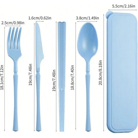 (1 bleu clair) Un ensemble de couverts en plastique comprenant un couteau, une fourchette, une cuillère et des baguettes. (1/5)