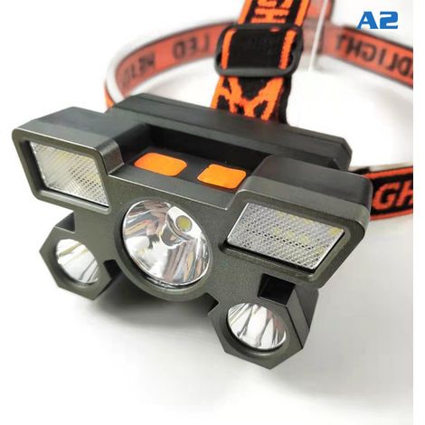 Lampe frontale LED rechargeable puissante, torche de tête longue portée étanche pour extérieur, éclairage mains libres pour pêche, camping et randonnée, tête argent bandeau jaune (1/5)